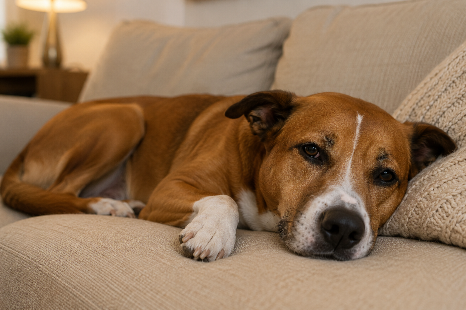 Entspannter Hund liegt ruhig auf dem Sofa