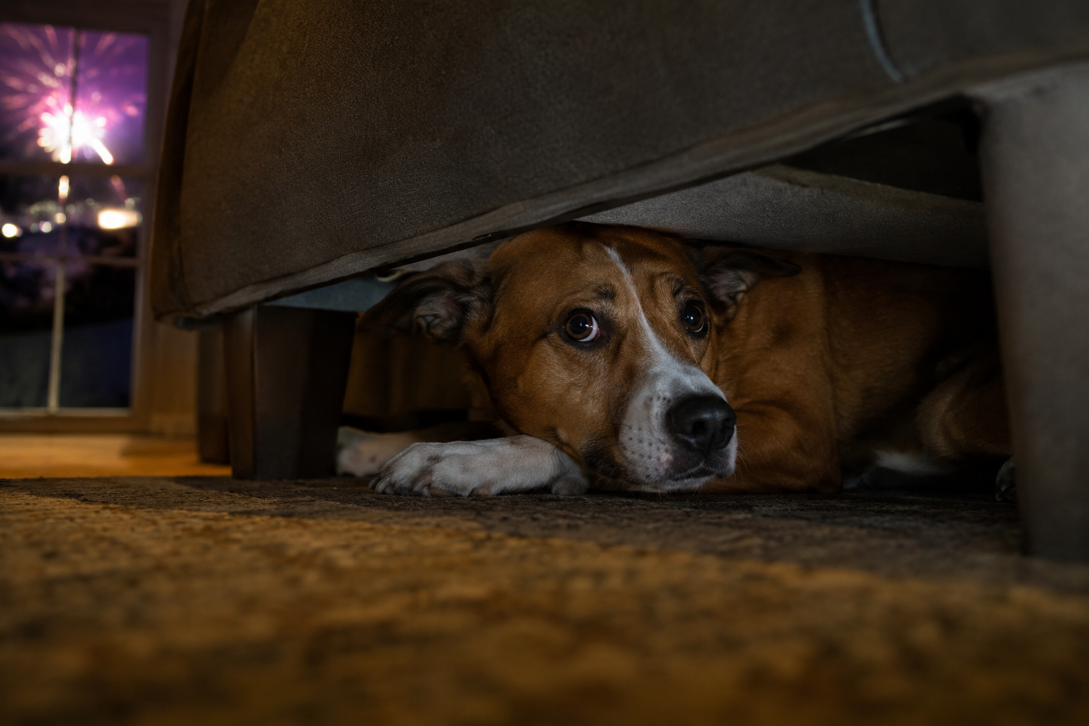 Gestresster Hund versteckt sich vor Feuerwerk